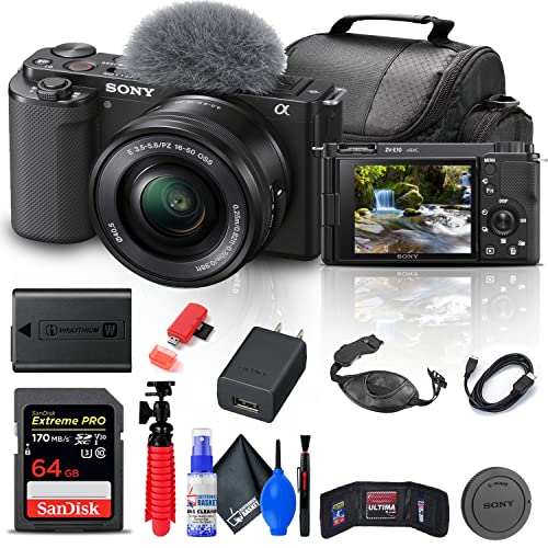 Sony ZV-E10 Mirrorless Camera with 16-50mm Lens (Black) (ILCZV-E10L/B) + 64GB Memory Card + Bag + Card Reader + HDMI Cable + Flex Tripod + Hand Strap