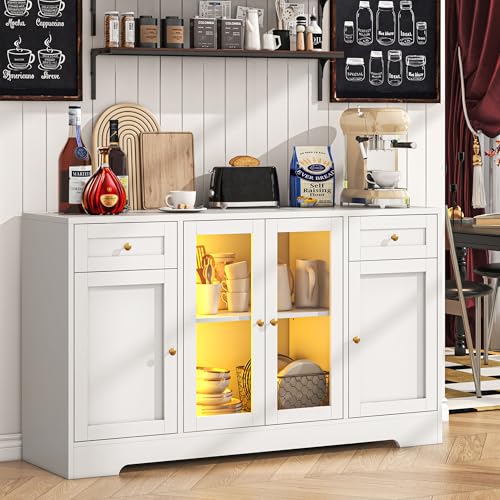 LED Coffee Bar Cabinet with Storage, 55'' Large Sideboard Buffet Cabinet, Wood Coffee Bar Buffet Table with 4 Doors and Charging Station