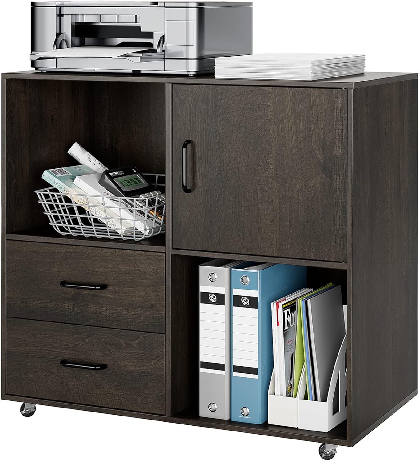 2 Drawer Mobile File Cabinet, Wood Lateral Filing Cabinet with Door, Rolling Printer Stand with Open Storage Shelves, Office Cart for Home Office