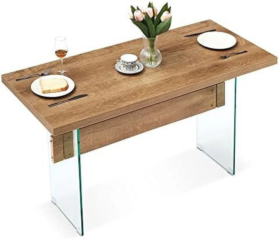 TJUNBOLIFE Modern White Dining Table  High Glossy Dining Room Table for 4/6  Glass Desk Table for Small Space  55 inches Rectangular Dinner Table for