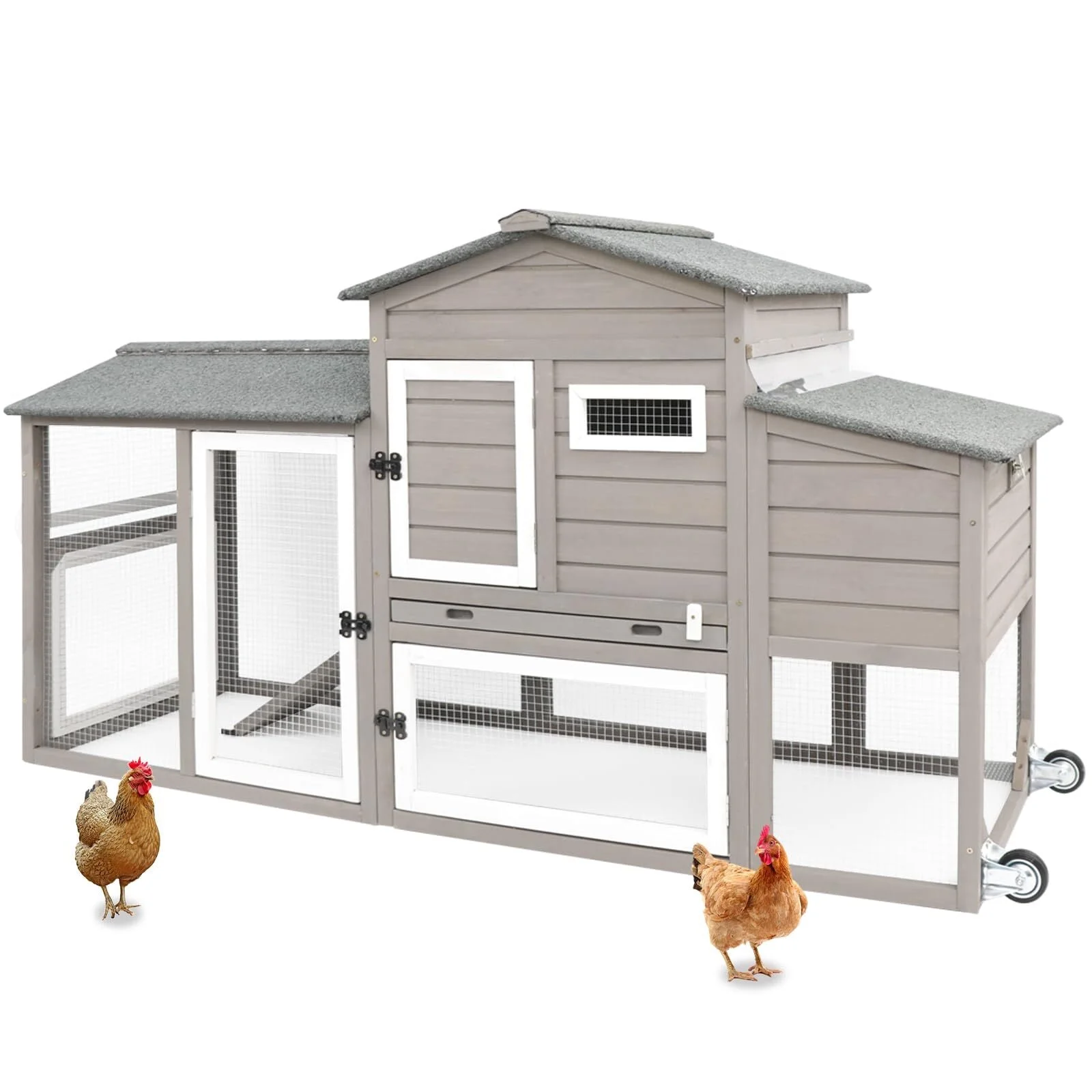 PetsCosset Large Chicken Coop with Wheels, Backyard Wooden Hen House Outdoor for 2-3 Chickens, 2 Story Poultry Cage Chicken Coop and Run, Nesting Box