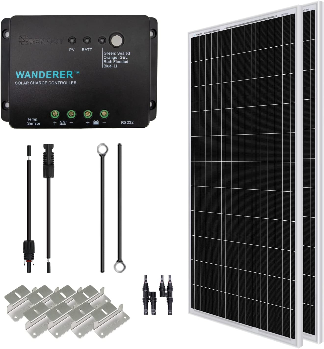 Renogy 200 Watt 12 Volt Monocrystalline Solar Panel Starter Kit with 2 Pcs 100W Monocrystalline Solar Panel and 30A PWM Charge Controller for RV