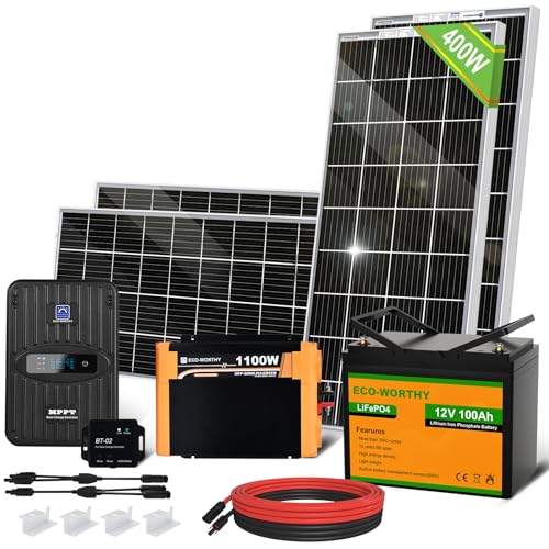 ECO-WORTHY 1.6KWH Complete Solar Panel Kit 400W 12V for RV Off Grid: 400W Solar Panels + 40A MPPT Charge Controller +12V 100Ah Lithium Battery +