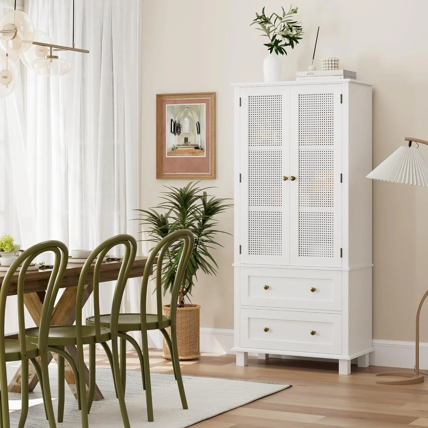 ONKER Kitchen Pantry Storage Cabinet, Tall Cabinet with Rattan Doors and 2 Drawers, Freestanding Cupboard with Adjustable Shelves