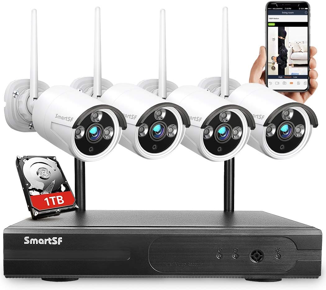 Wireless Security Camera System with 1TB Hard Drive, Security Cameras 1080P with 24/7 Video Audio Recording, IP66 Weatherproof Indoor Outdoor Camera