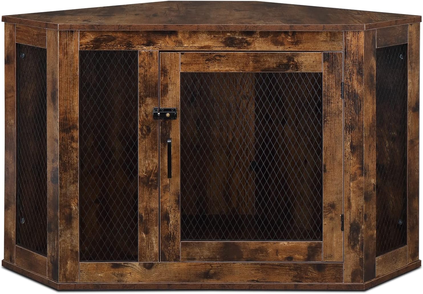 Furniture Corner Dog Crate, Lockable Doors, Dog Kennel with Wood and Mesh, Dog Crate for Small/Medium Dogs, Pet Crate Furniture, Dog House