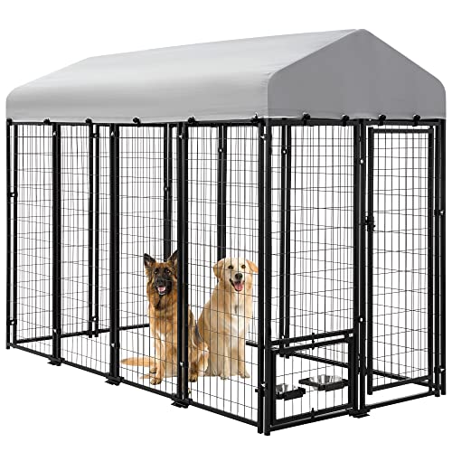 AHB Large Dog Kennel Outdoor Dog House, Heavy Duty Welded Wire Steel Fence Dog Cage with Waterproof UV-Resistant Cover