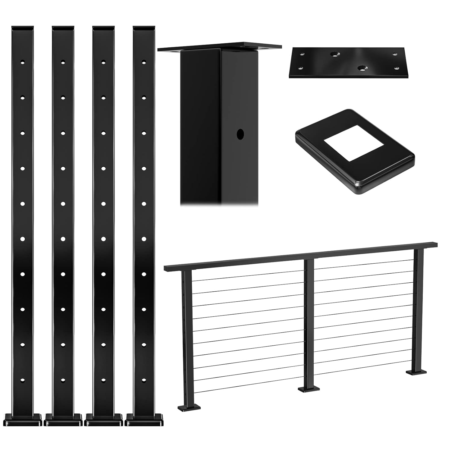 Muzata 4Pack Cable Railing Post Level-drilled Post with Flat top 36''x2''x2'' Black Square Weldless Stainless Steel Pre-Drilled for Wood Concrete