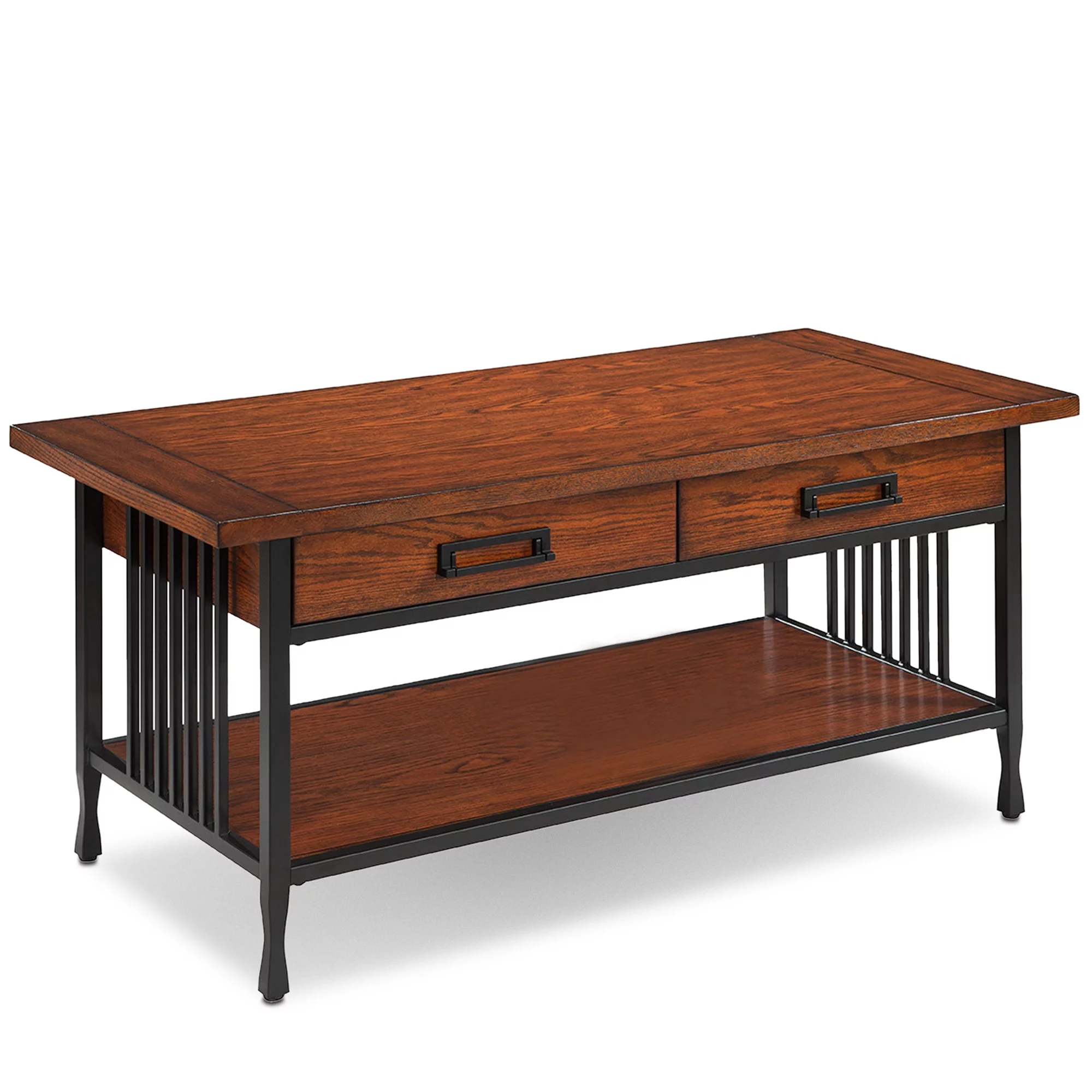 Leick Home 11204 Ironcraft Two Drawer Rustic Coffee Table with Shelf, Mission Oak and Black