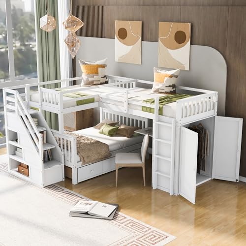 Merax L-Shaped Triple Bunk Bed with Desk & Stairs, Twin & Twin Over Full Bunk Bed for 3, Storage Drawers and Wardrobe Included, for Adults