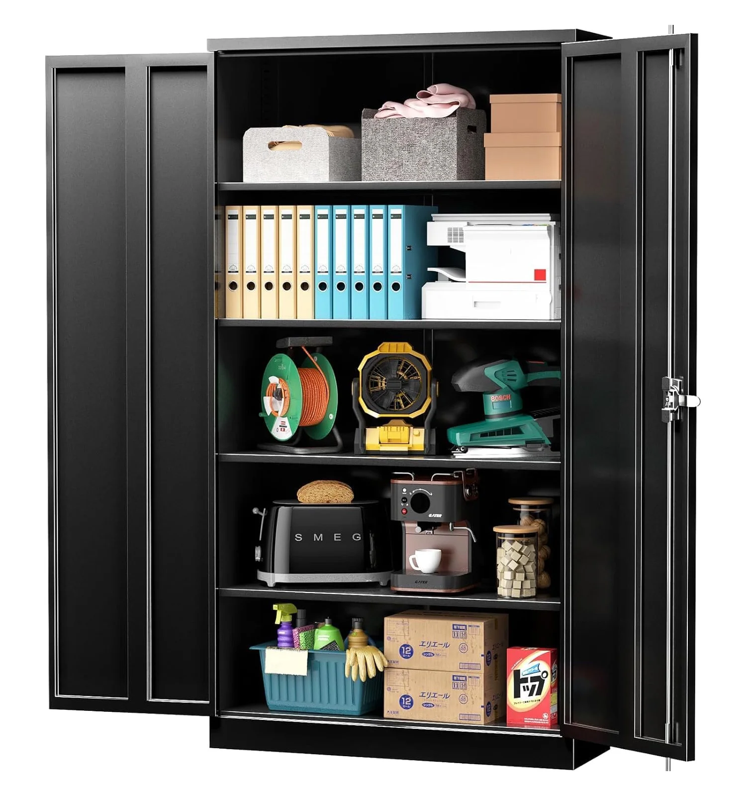 72" Storage Cabinet with Doors and Shelves, Metal Storage Cabinets with Lock,Lockable Steel Supply Cabinet,for Home Office Garage Warehouse,Black