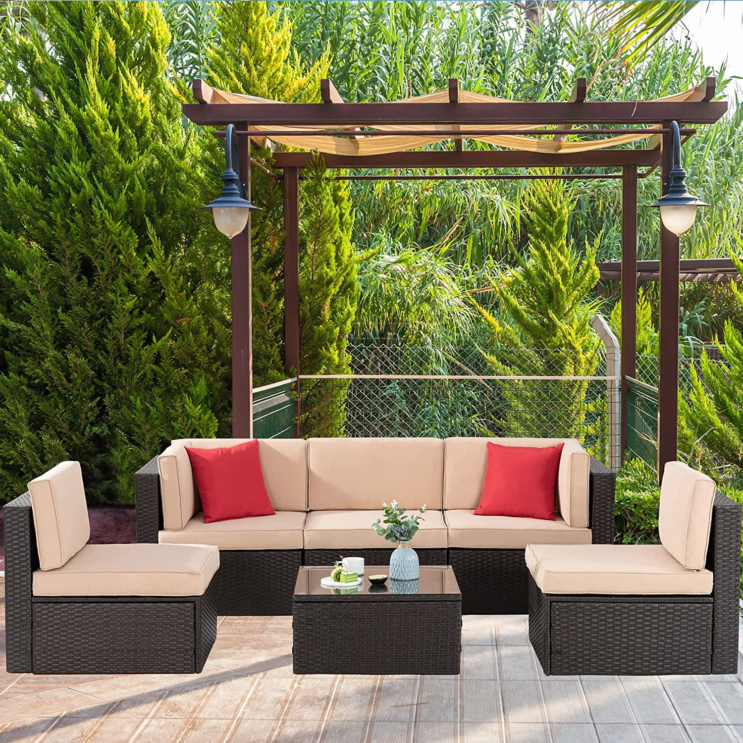 Walsunny 6 Pieces Patio Furniture Sets Outdoor All-Weather Sectional Patio Sofa Set PE Rattan Manual Weaving Wicker Patio Conversation Set Beige