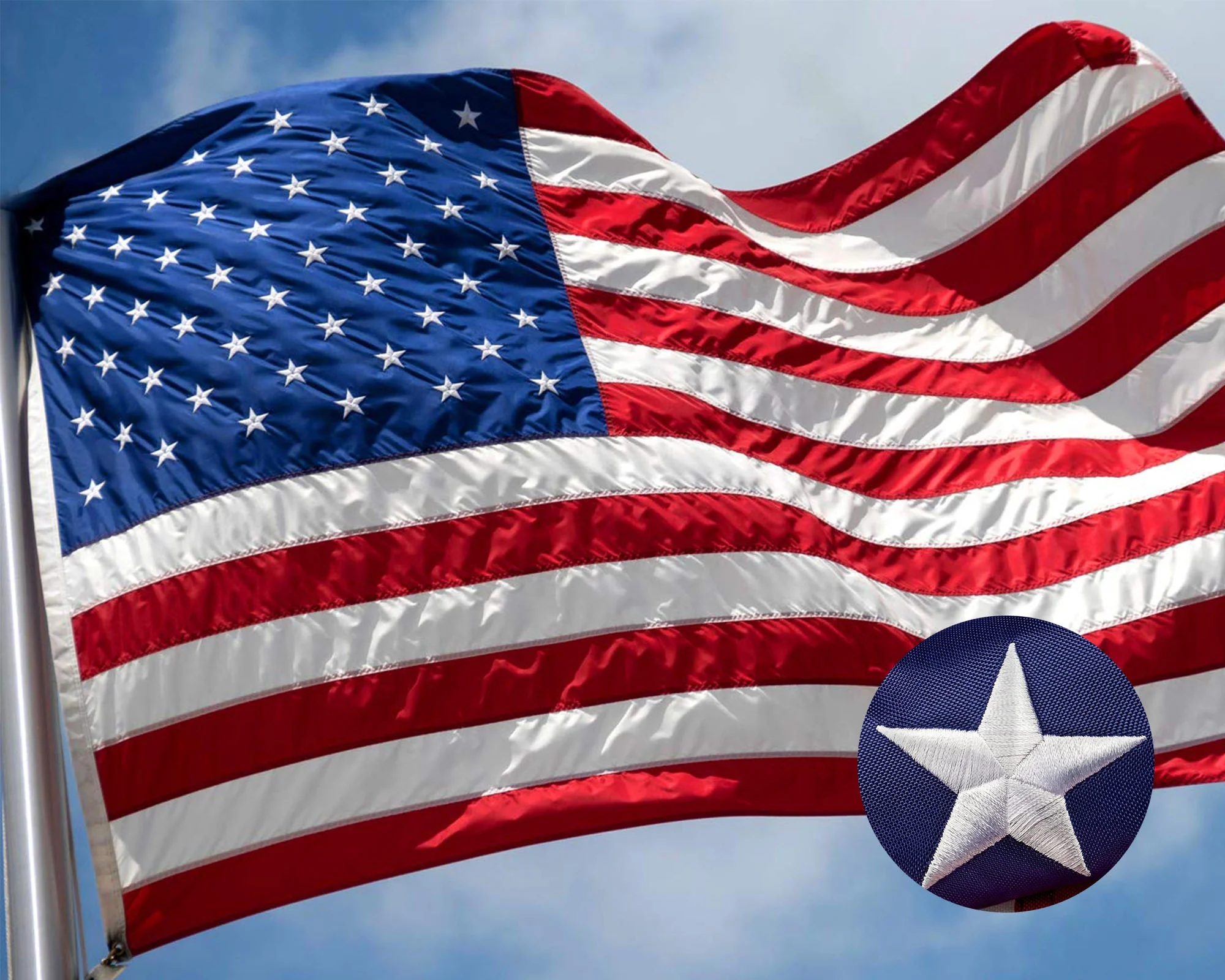 American Flag 10x15 FT Outdoor - USA Heavy duty Nylon US Flags with Embroidered Stars, Sewn Stripes and Brass Grommets