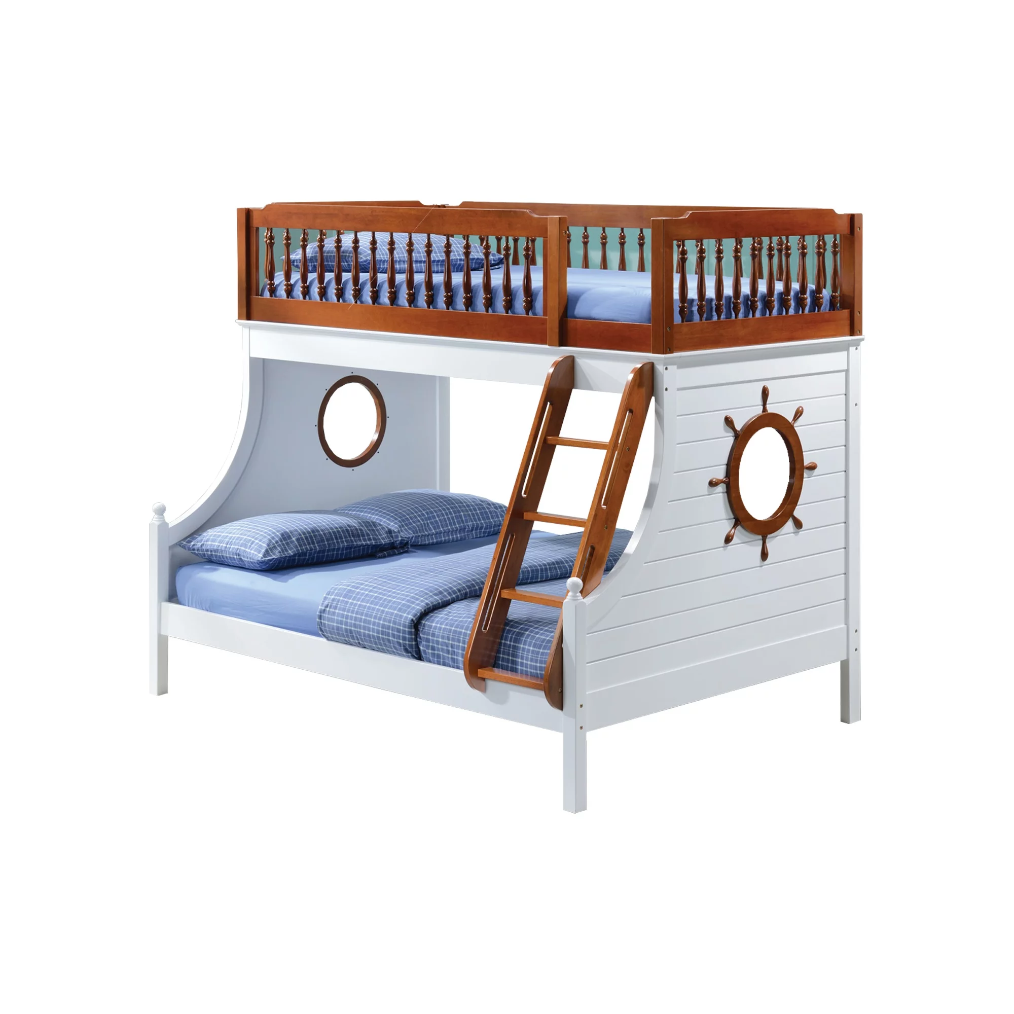 Nautical Wooden Twin/Full Bunk Bed, Oak Brown & White