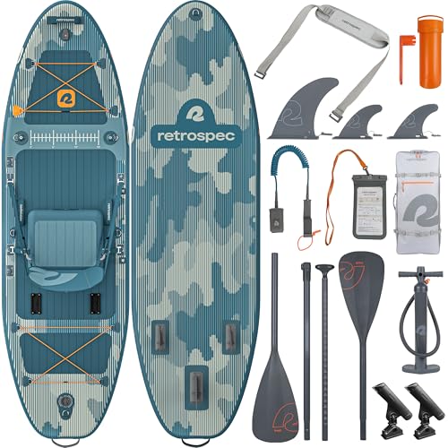 Retrospec June Nano Kids Inflatable Fishing Paddle Board SUP Kayak: 9'6" Hybrid Paddleboard with Rod Holders, Removable Seat