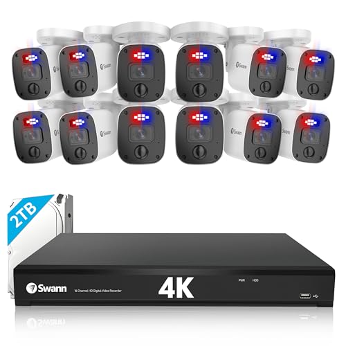 Swann 4K Ultra HD Security Camera System,16 Channel DVR with 2TB HDD, 12 Indoor/Outdoor Wired Cameras, 24/7 Home Surveillance, Color Night Vision
