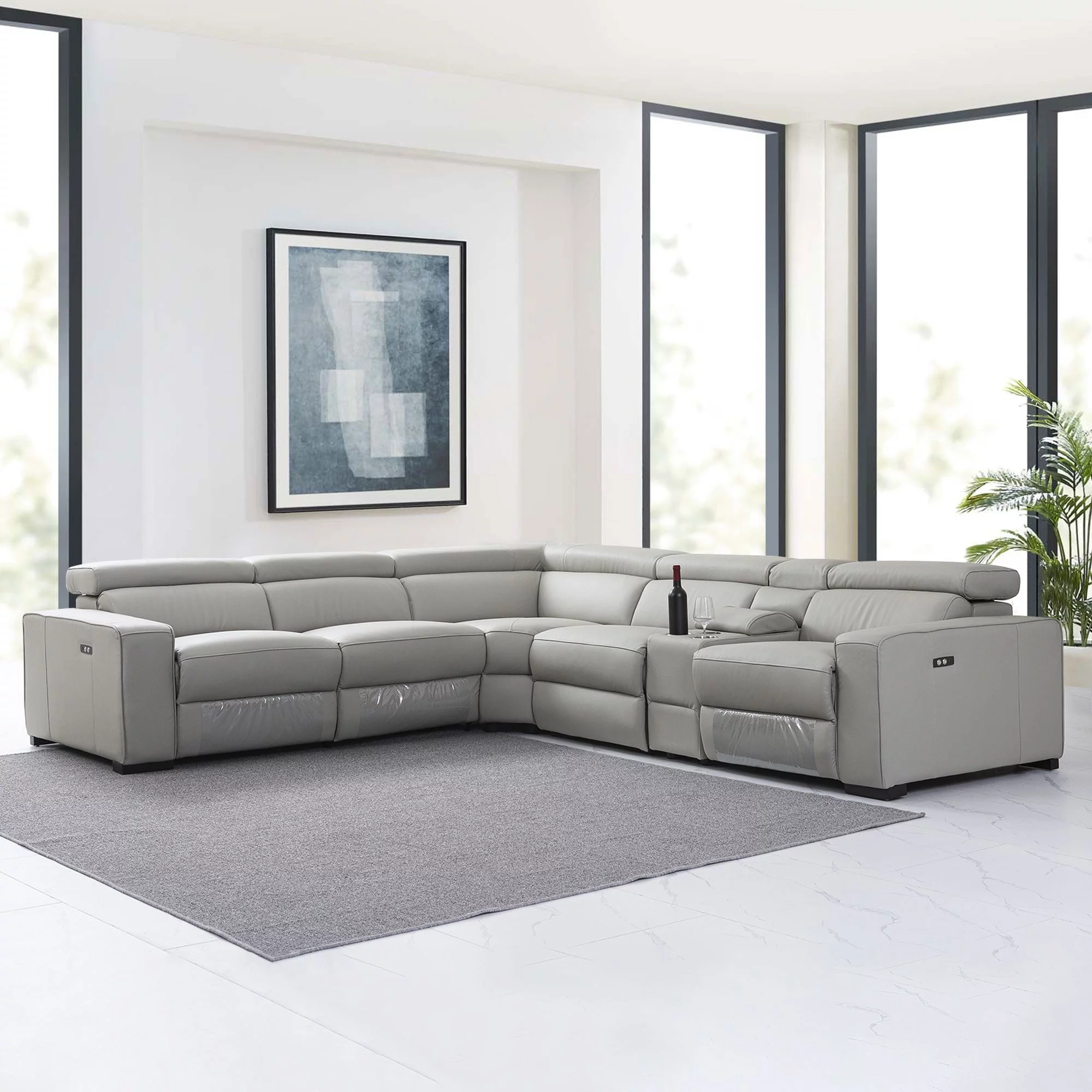 LOTUS Light Grey Top Grain Leather Sectional -122" with Power Recliners, Manual Headrest, and Storage Console