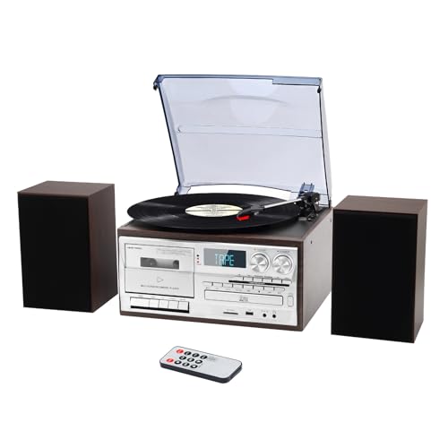 10 in 1 Record Player with External Speakers, 3 SpeedTurntable with AM/FM Radio, CD & Cassette Player, Bluetooth, USB/SD Playback, Remote Control