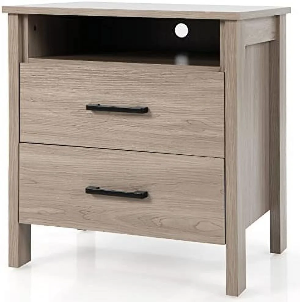 RUNFAYBIU Nightstand with 2 Drawers   Wooden End Side Tables with Open   and Cable Hole  Multifunctional 2-Drawer Night Stand  Farmhouse Bedside