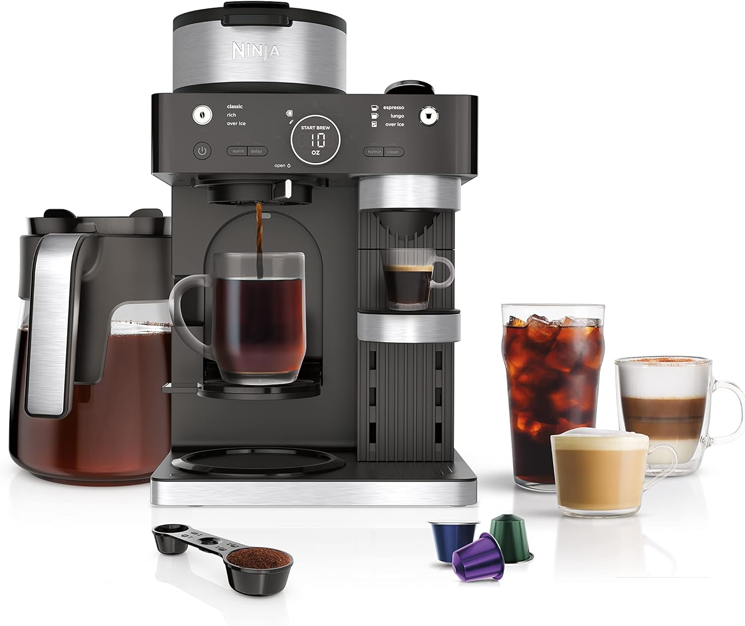 Ninja CFN601 Espresso & Coffee Barista System, 3 Espresso Brew Styles, Single-Serve Coffee & Nespresso Capsule Compatible, 12-Cup Carafe