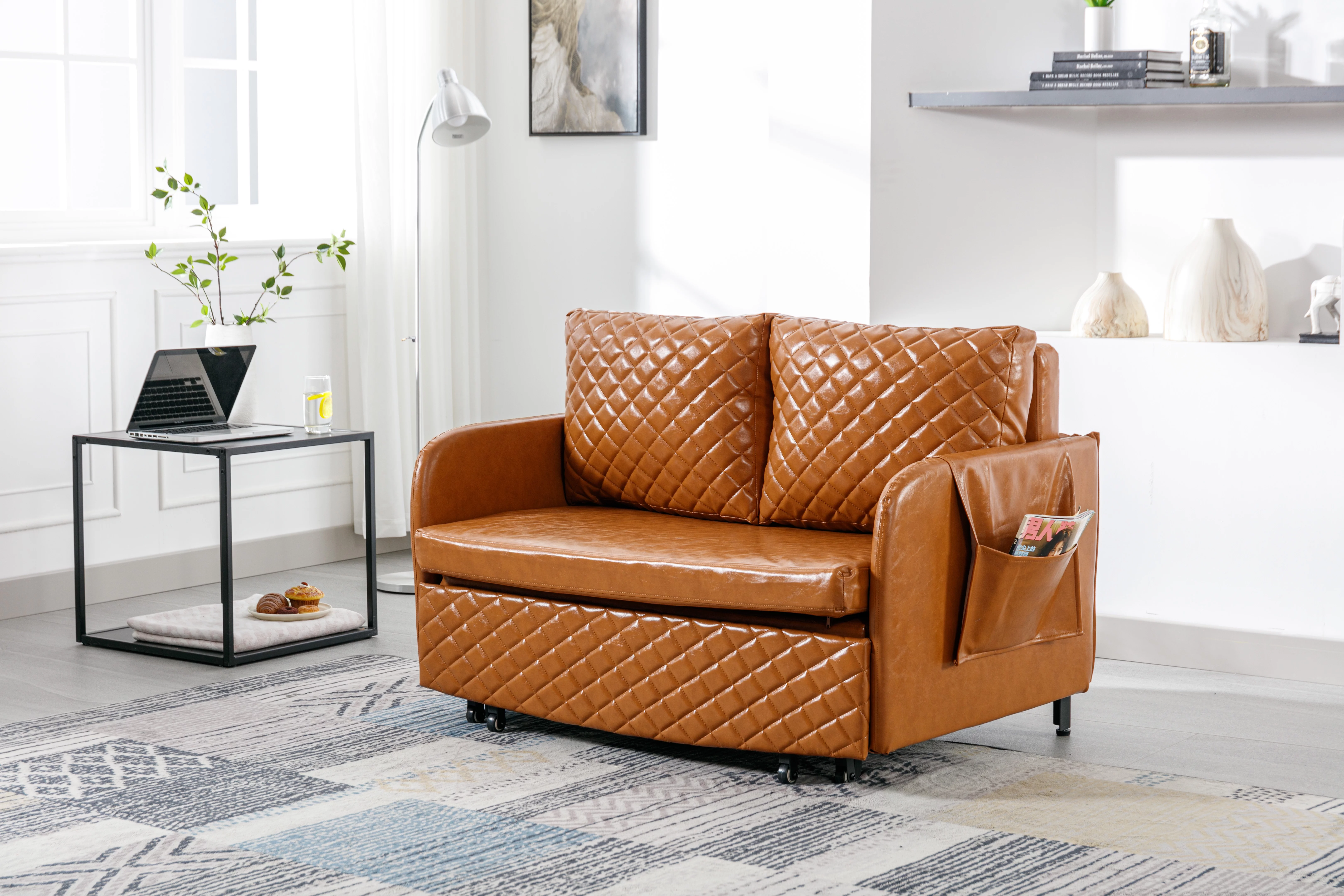 Convertible Sleeper Sofa Bed, Modern Velvet Loveseat Couch with Pull Out Bed, Small Love Seat Futon Sofa Bed with Headboard