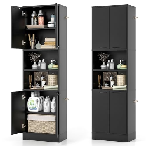Tangkula 75" Tall Bathroom Storage Cabinet, Bathroom Floor Cabinet with 4 Doors & 2 Open Shelves, 4 Anti-toppling Devices
