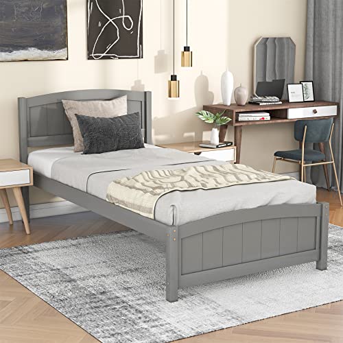 Harper & Bright Designs Twin Platform Bed Wood Bed Frame with Headboard and Footboard, Twin bed with Wood Slat Support, No Box-Spring Needed (New