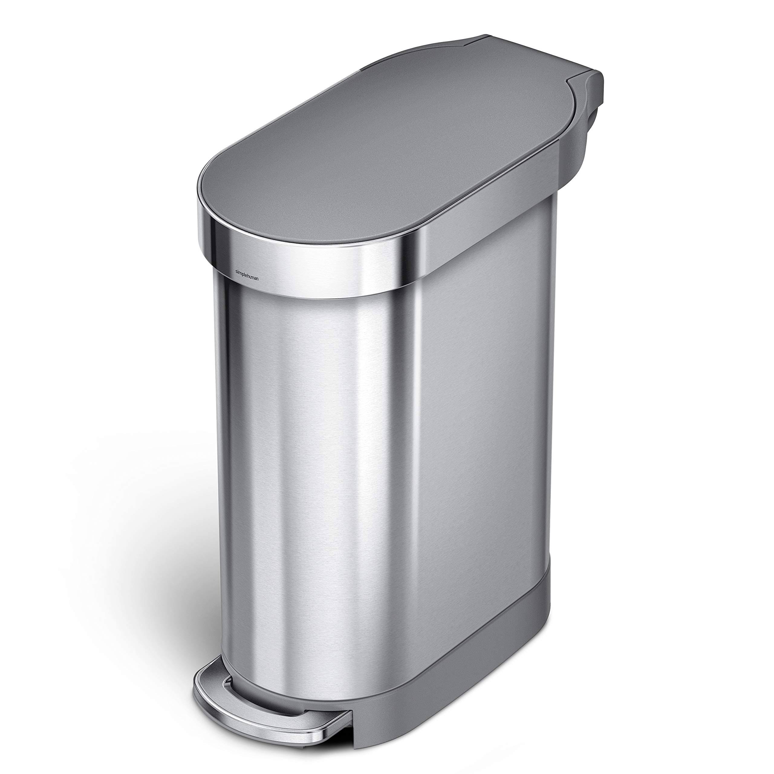 simplehuman 45L Liner Rim Slim Step Trash Can Brushed Stainless Steel with Plastic Lid