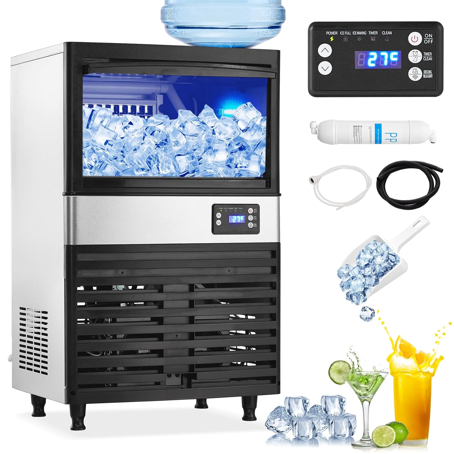 Commercial Ice Maker Machine 120Lbs/24H with 26Lbs Storage Capacity, 60Pcs/Cycle Ice Cubes, Stainless Steel Under Counter Freestanding Ice Machine