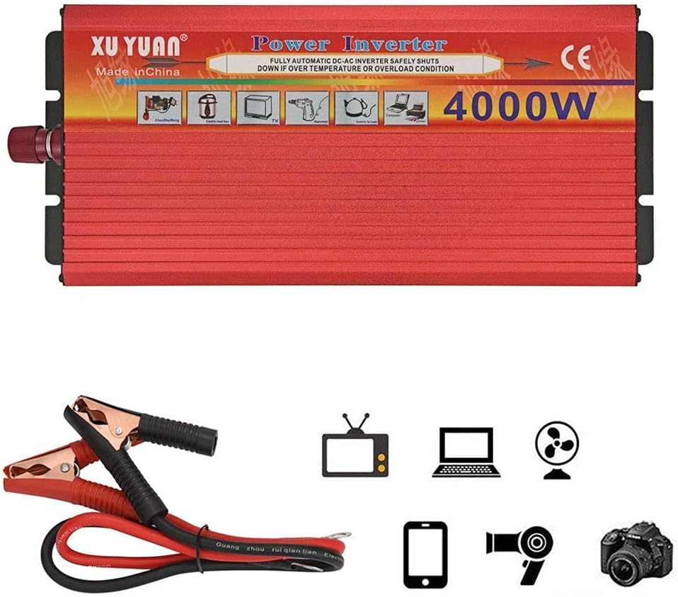 Power Inverter, 4000W Pure Sine Wave Inverter, DC 12V/24V to AC 110V/220V Inverter with 2 AC Sockets and 1 USB Port, 2 Cooling Fans,12vto220v