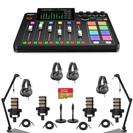 RODECaster Pro II Integrated Audio Production Studio Console Bundle with 4x PodMic Microphone, 4x TAPH500 Headphones, 2x Broadcast Arm, 2x Mic Stand