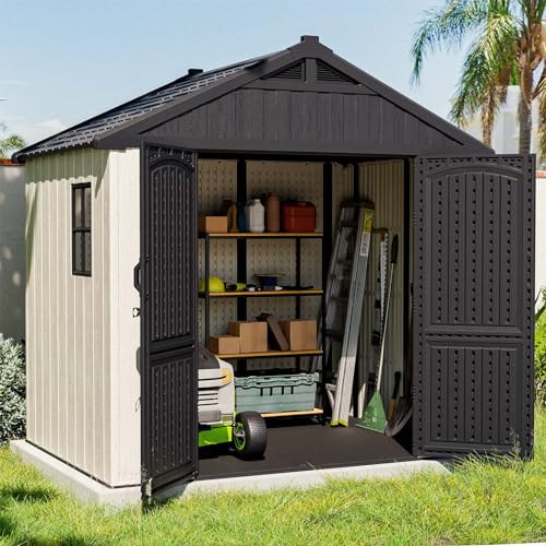 Patiowell 8' x 6' Plastic Outdoor Storage Shed with Floor, Resin Shed with Window and Lockable Door for Garden, Backyard, Tool Storage Use