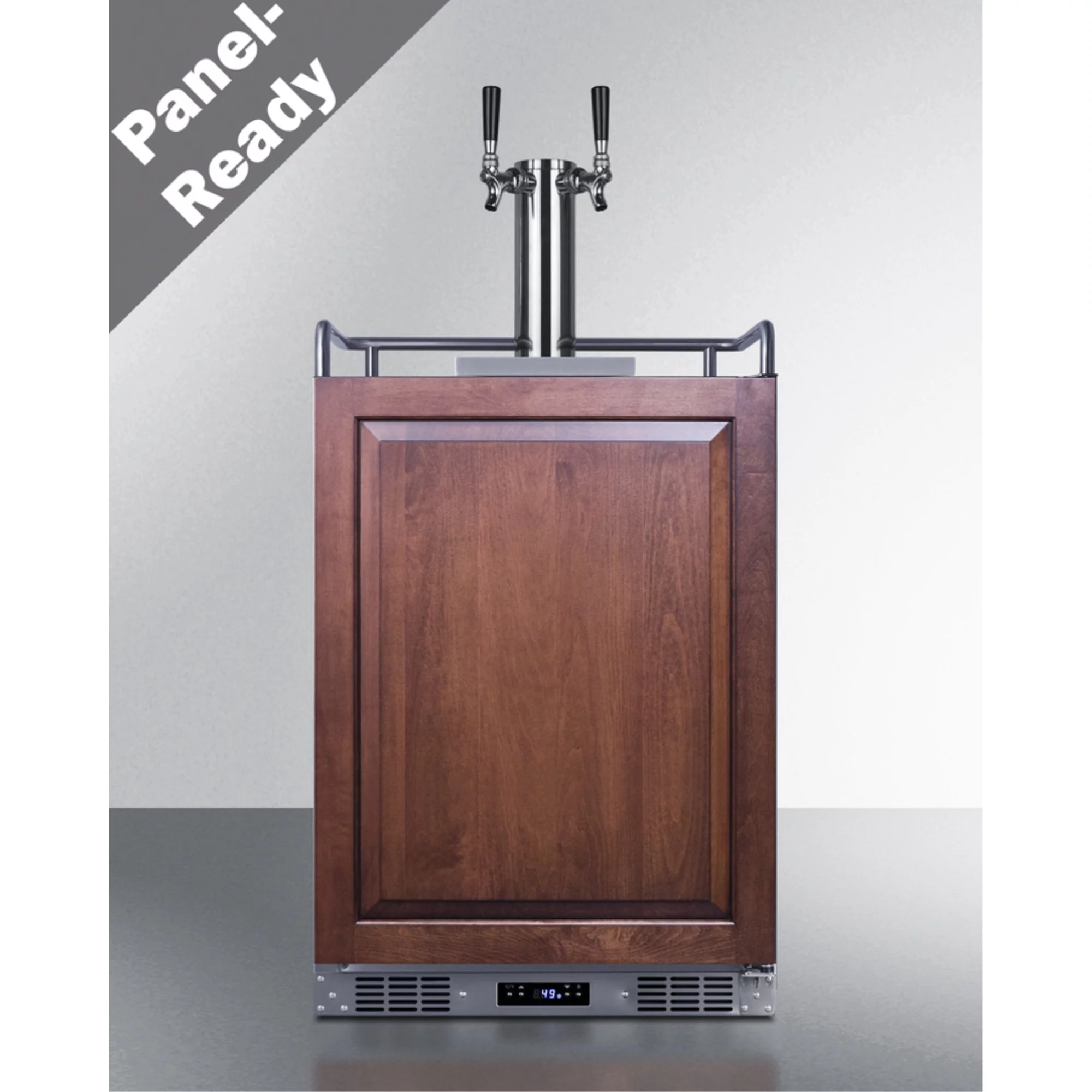 Built-in undercounter dual tap beer kegerator in complete stainless steel with panel-ready door