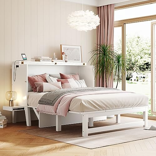 Queen Size Murphy Bed with Bookcase,Foldable Platform Bed Folded into Cabinet