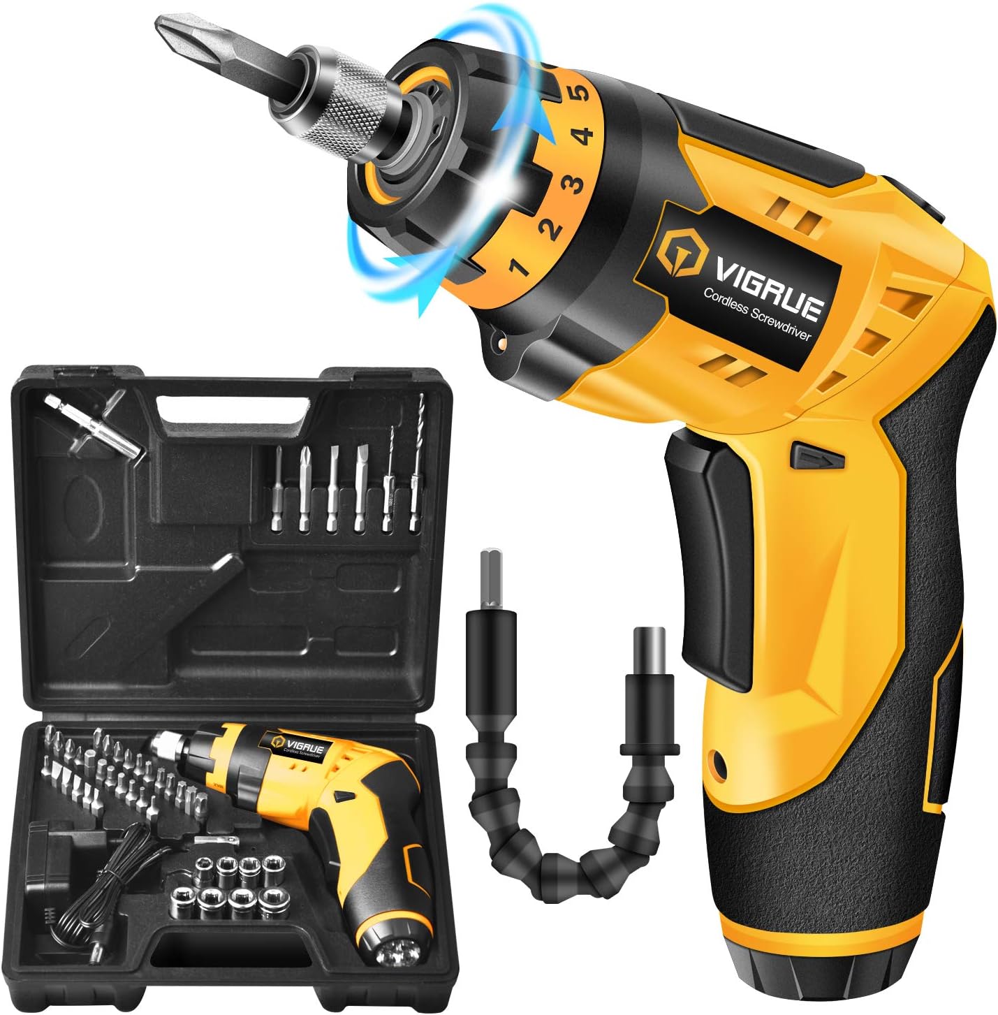 VIGRUE Cordless Screwdriver, Rechargeable Electric Screwdriver, 4V MAX 2000mAh, with 45 Free Accessories, Battery Indicator, 7 Torque Setting