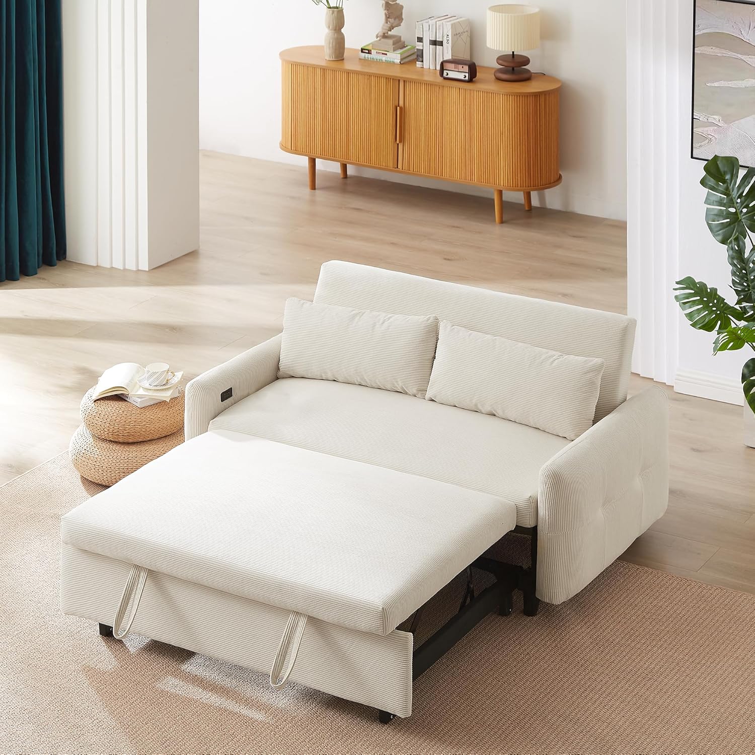 Futon Sofa Bed with Adjustable Backrest and USB Ports, 3 in 1 Convertible Sleeper Chair w/Two Throw Pillows, 57.48" Corduroy Fabric Loveseat