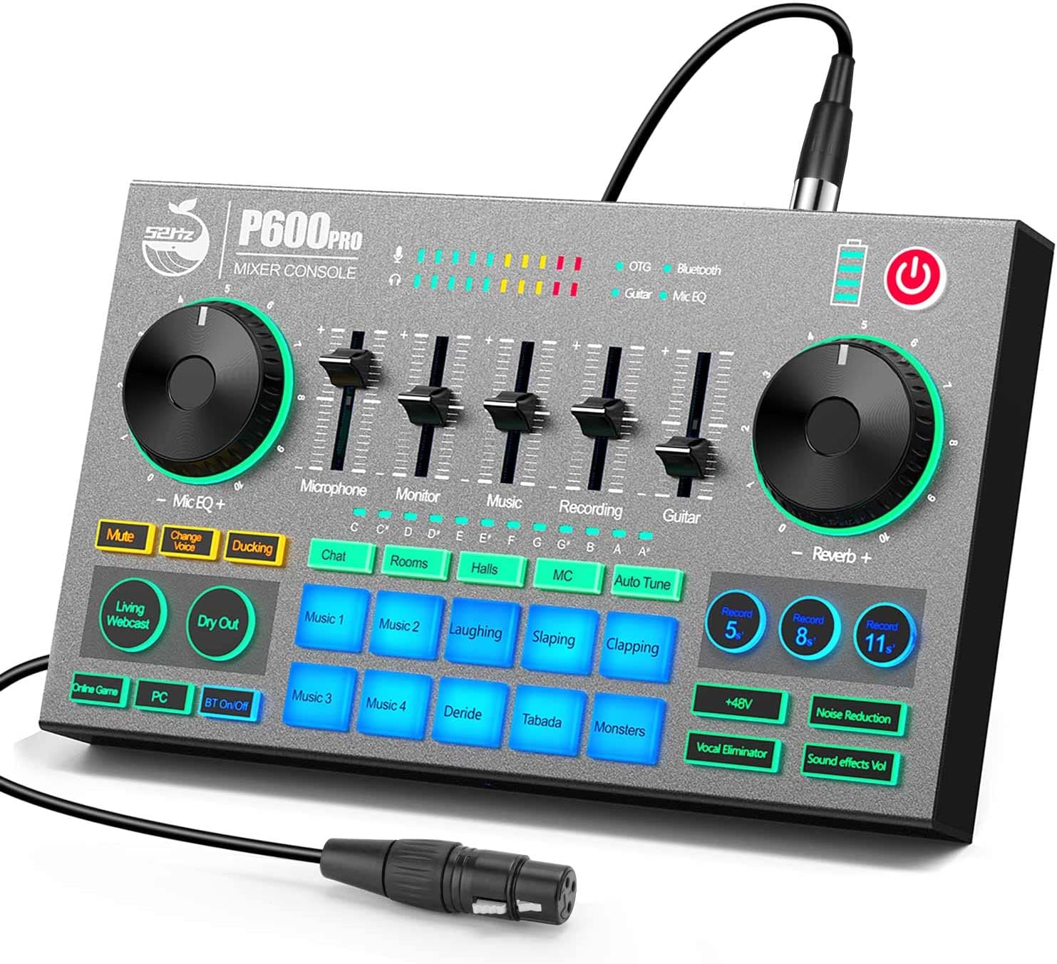 Professional Podcast Audio Mixer, DJ Mixer Sound Card, Full-featured DJ Mixer Controller with BT 5.0 Type C USB Interface for PC, Laptop