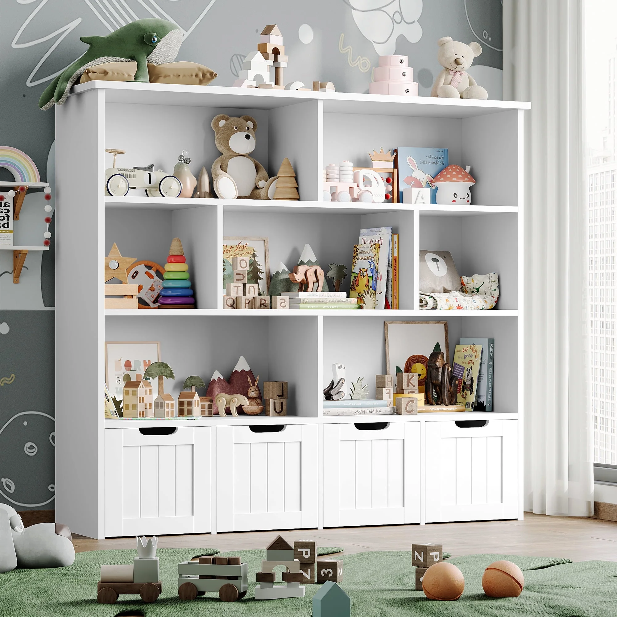 Homfa 7 Cube Toy Storage  Organizer, Kids Geometric Bookcase and Bookshelf with 4 Drawers, White - Curated Treasures Market