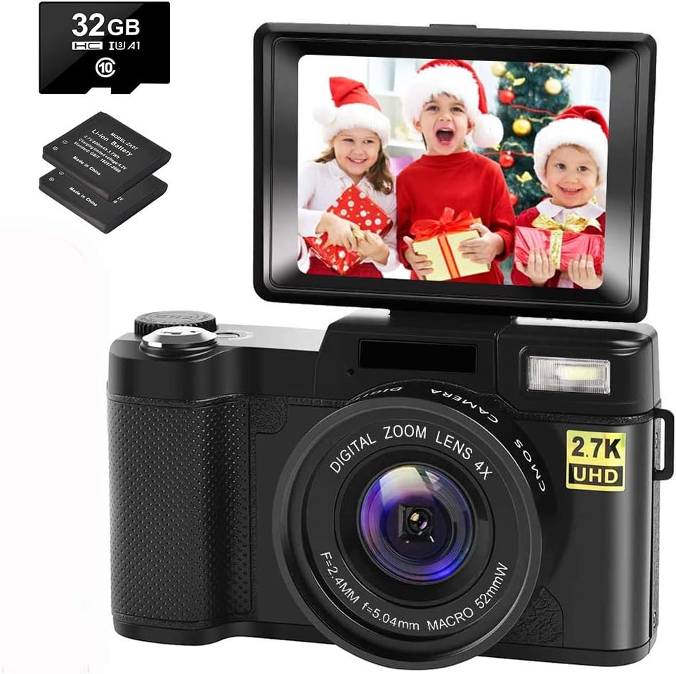 Digital Camera Vlogging Camera with YouTube 30MP Full HD 2.7K Vlog Camera with Flip Screen 180° Rotation with 32GB Memory Card and 2 Batteries （Focus