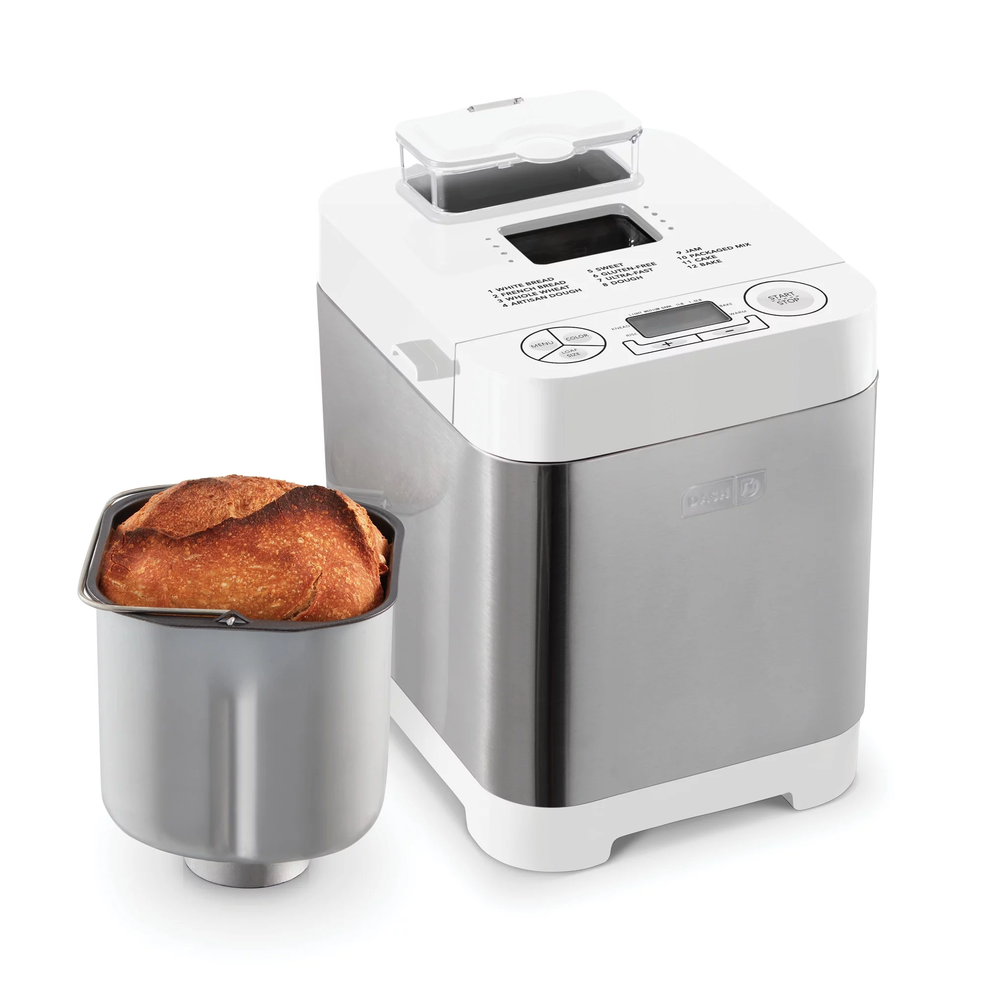 Dash Everyday Stainless Steel Bread Maker Up to 1.5lb Loaf, Programmable, 12 Settings + Gluten Free & Automatic Filling Dispenser