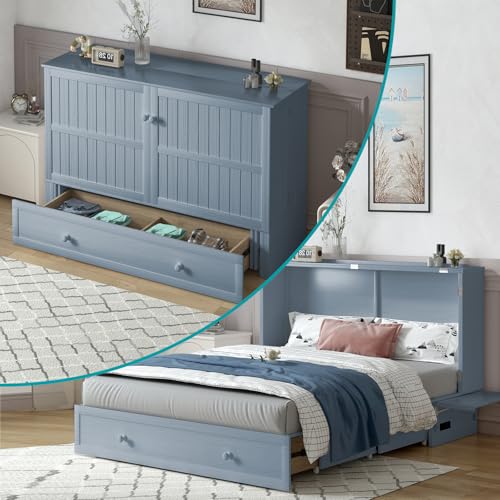 BALUS Queen Murphy Bed Cabinet, Murphy Beds with USB Charging Station, Foldable Mattress