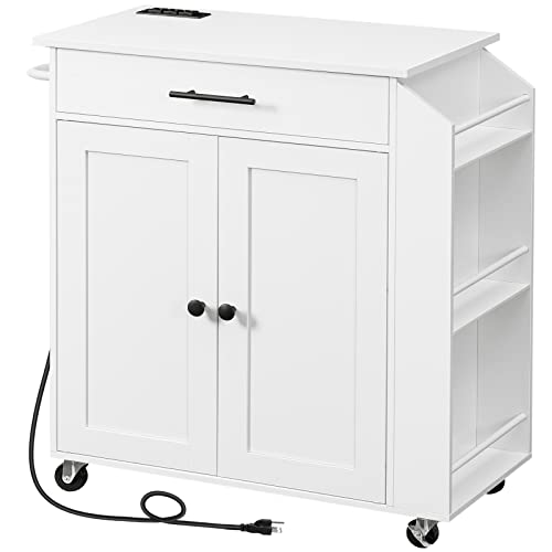 HOOBRO Kitchen Island with Power Outlet, Kitchen Storage Island with Spice Rack and Drawer, Rolling Kitchen on Wheels, for Home, Dining Room
