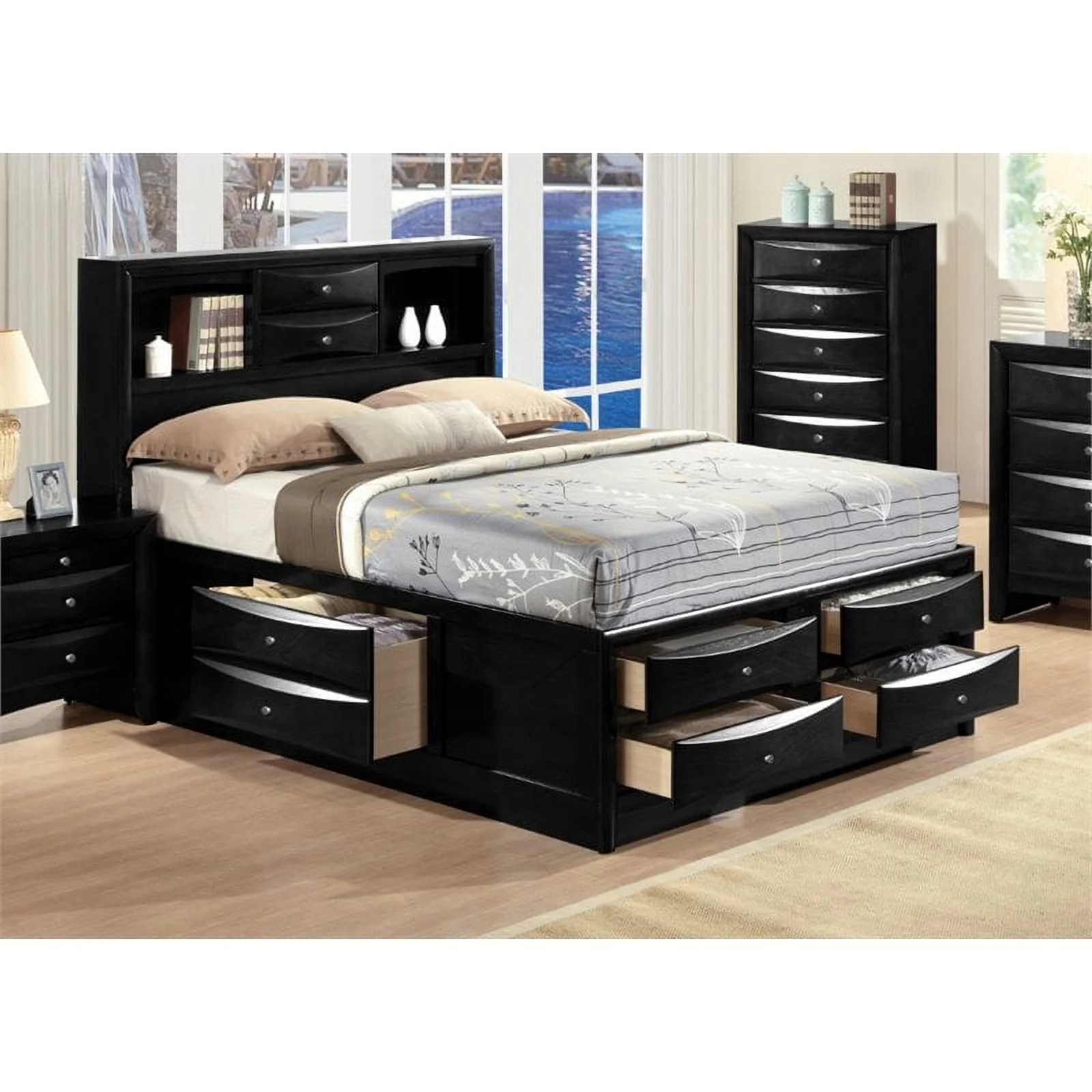 Bowery Hill Transitional Design Queen Size Bed with Storage, Headboard Bookcase in Black
