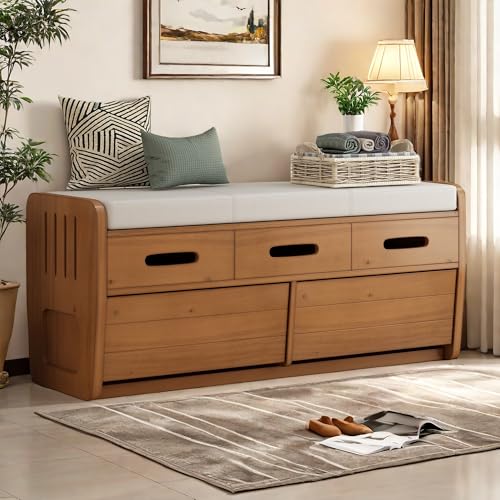 Rustic Storage Bench with 2 Drawers and Hidden Storage Space, Wooden Shoe Bench with Cushion and Striped Door Design for Living Room, Entryway