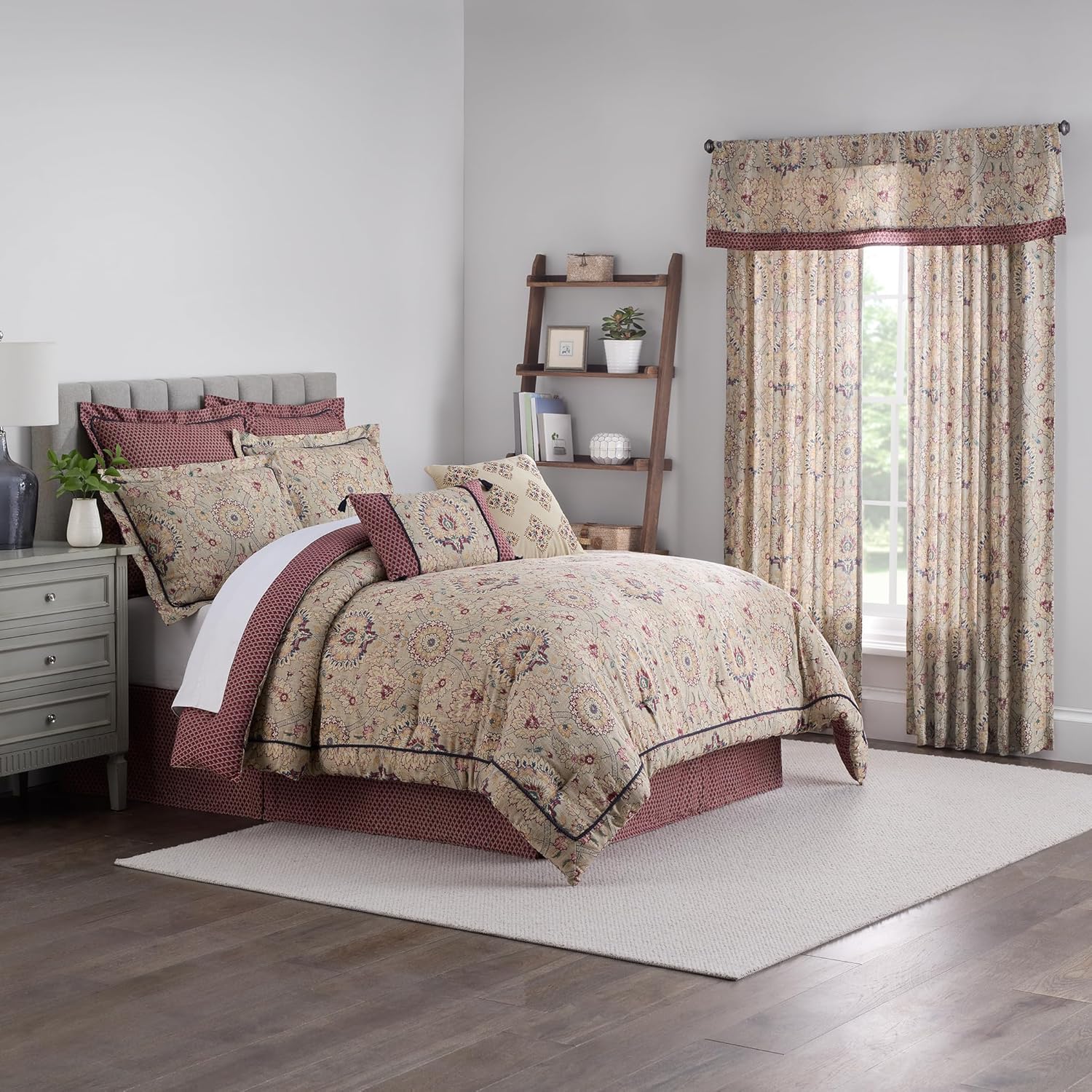 Waverly Oxford Damask 4 Piece Cotton Comforter Set, Embellished All Season Bedding, includes One Comforter, One Bed Skirt and Two Pillow Shams