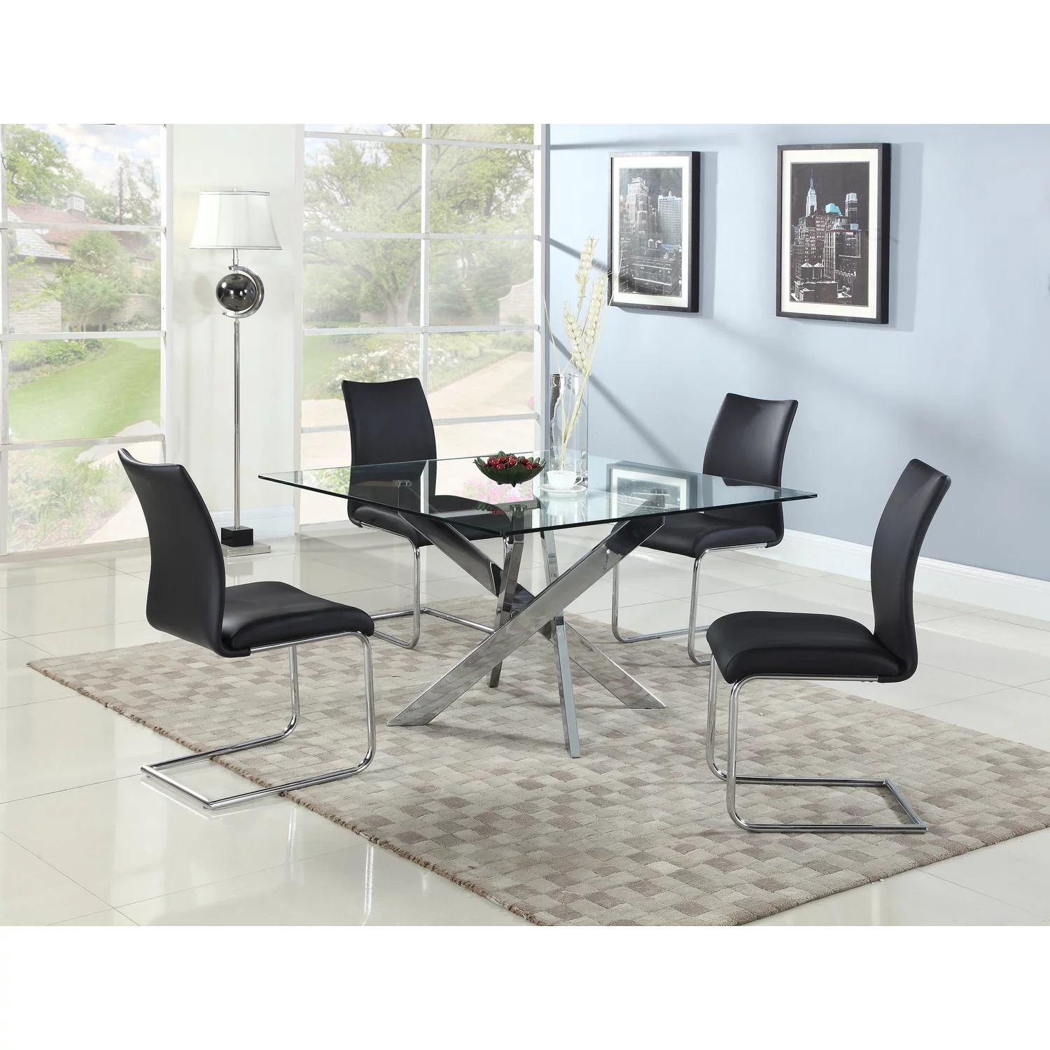 Chintaly Dining Set w/ Glass Top Table & 4 Cantilever Side Chairs
