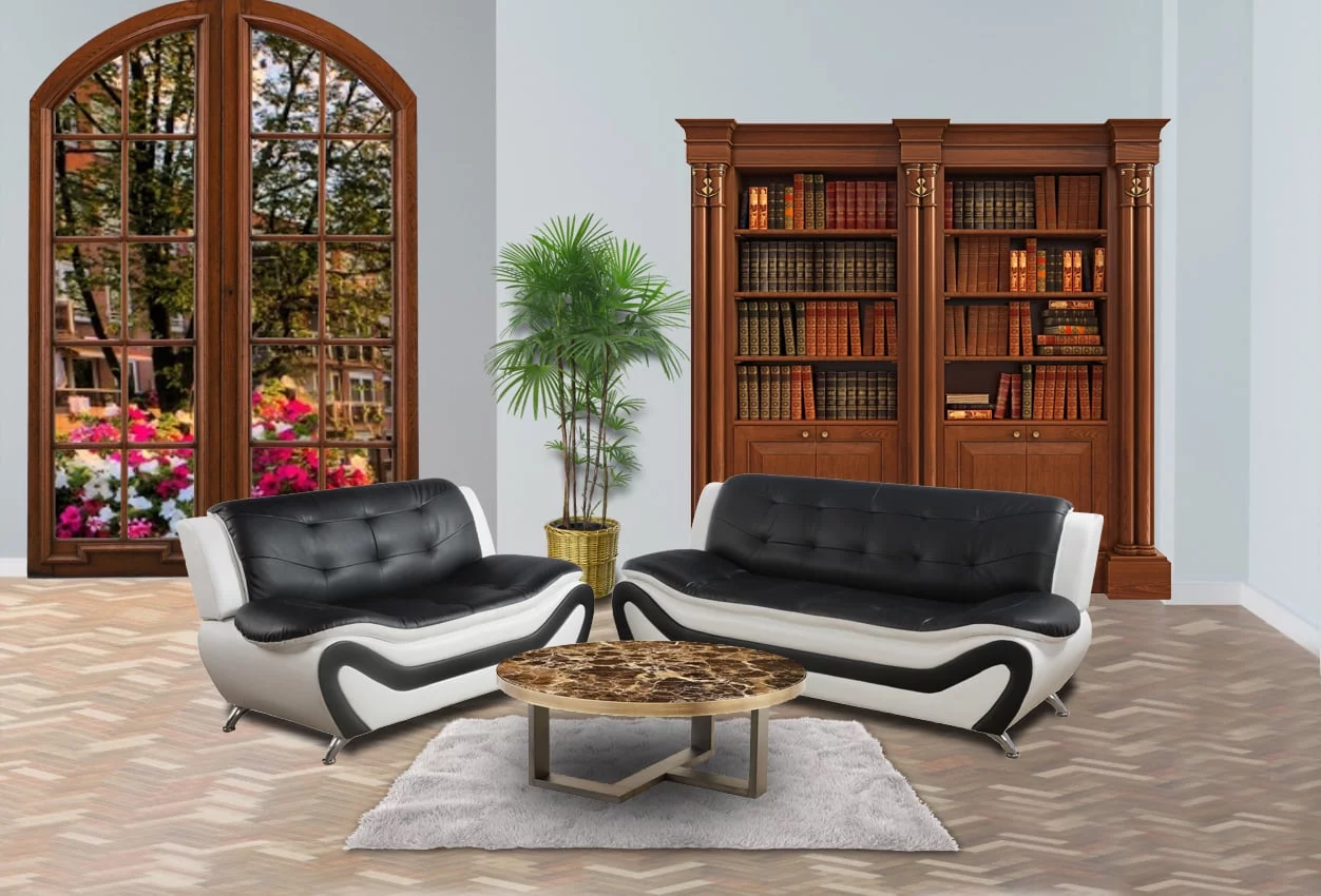 Beverly Fine Furniture 2 Piece Faux Leather Contemporary Living Room Sofa, Loveseat Set. Black&White