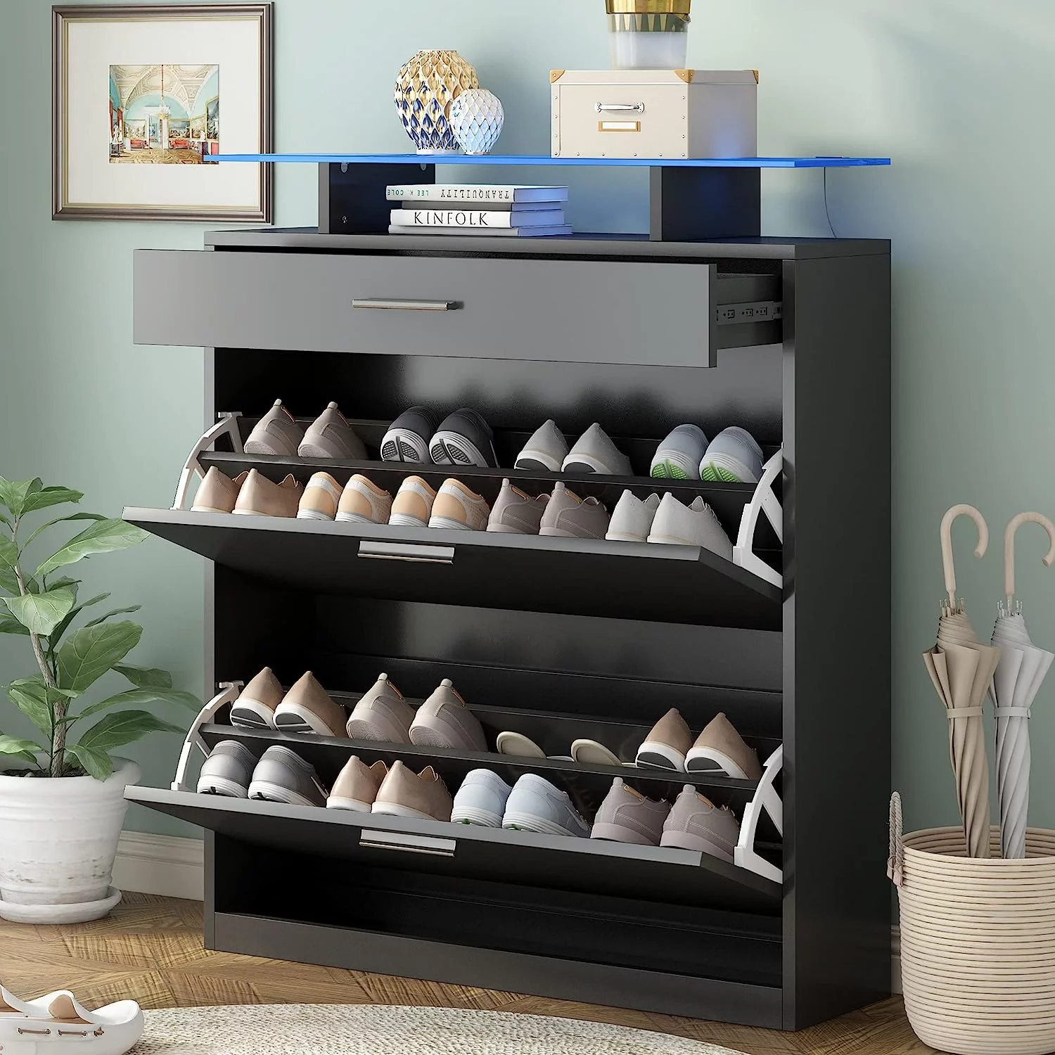 AngLink Slim Entryway Shoe Cabinet with 2 Flip Drawers, Modern Tempered Glass Top Shoe Storage Organizer with Drawer and Open Shelves