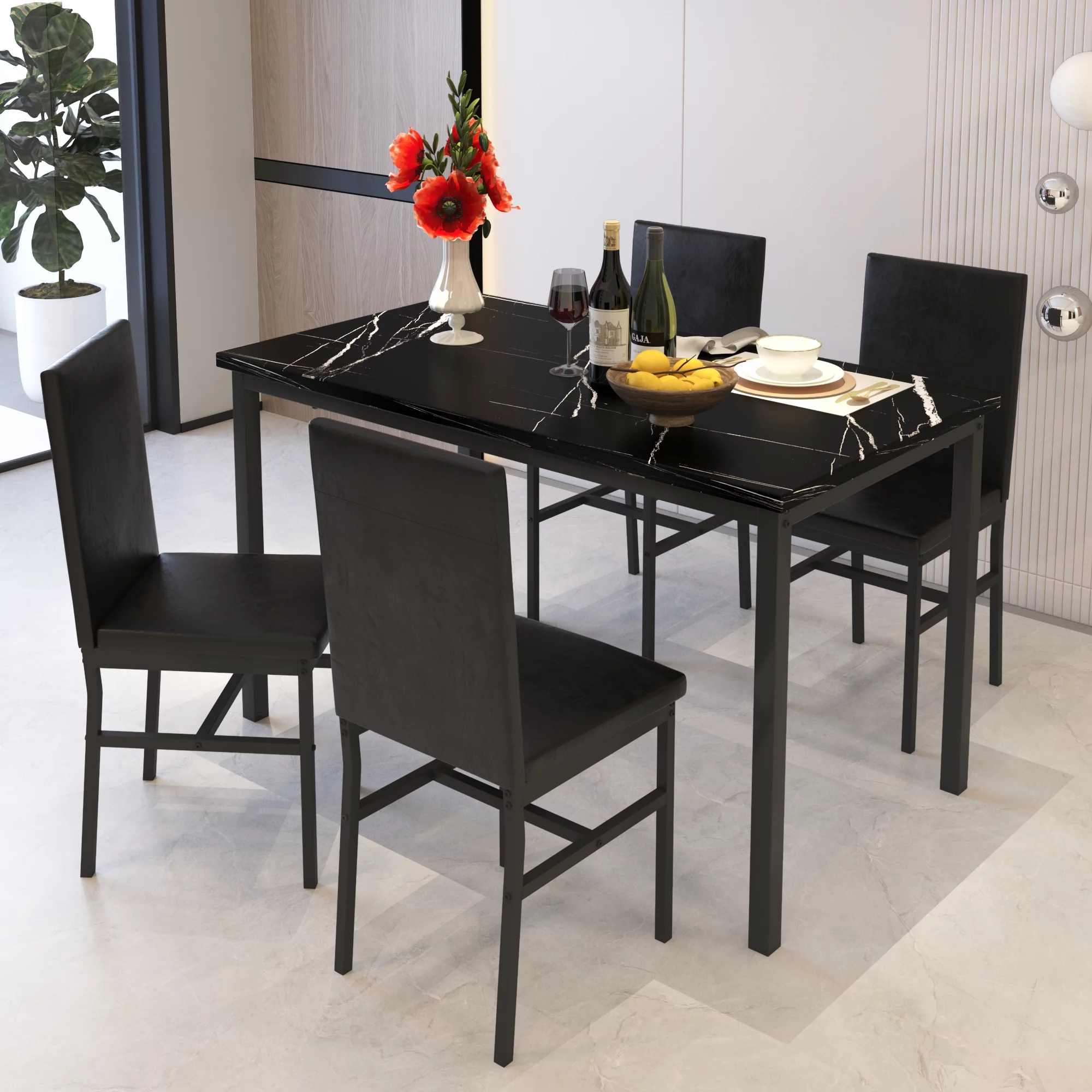 Dining Set for 4, 5-Piece Modern Dining Table and Chairs Set, Marble Top Table with 4 Leather Chairs for Kitchen Dining Room Living Room