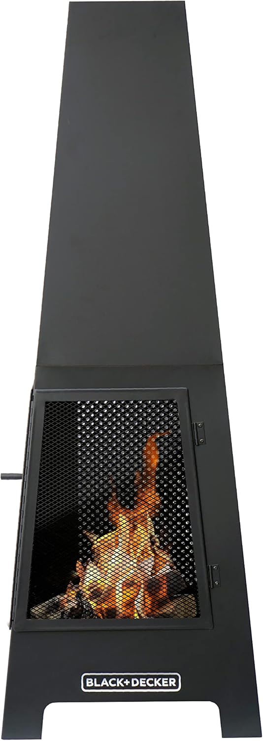BLACK + DECKER Steel Woodburning Pyramid Chiminea Outdoor Fireplace Hinged mesh screen panel doors Black powder coated steel fire pit over 4 ft tall